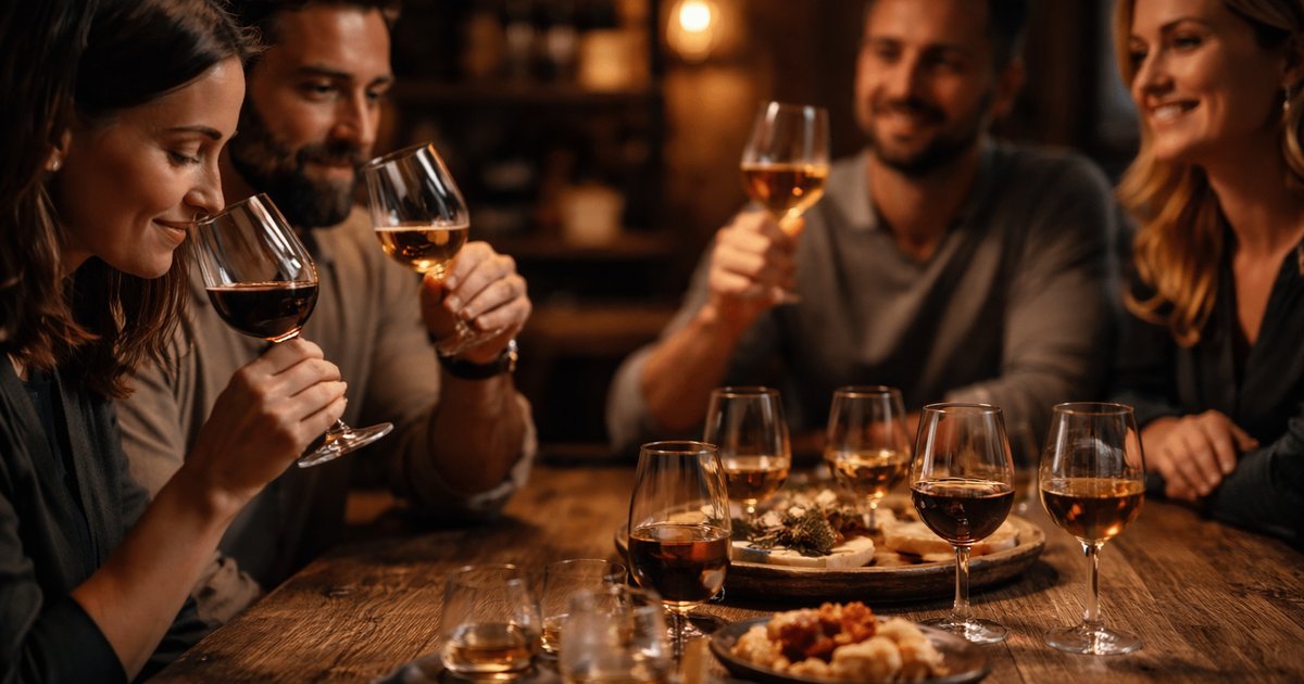 Friends tasting wine around a wooden table in a warm, dimly lit setting