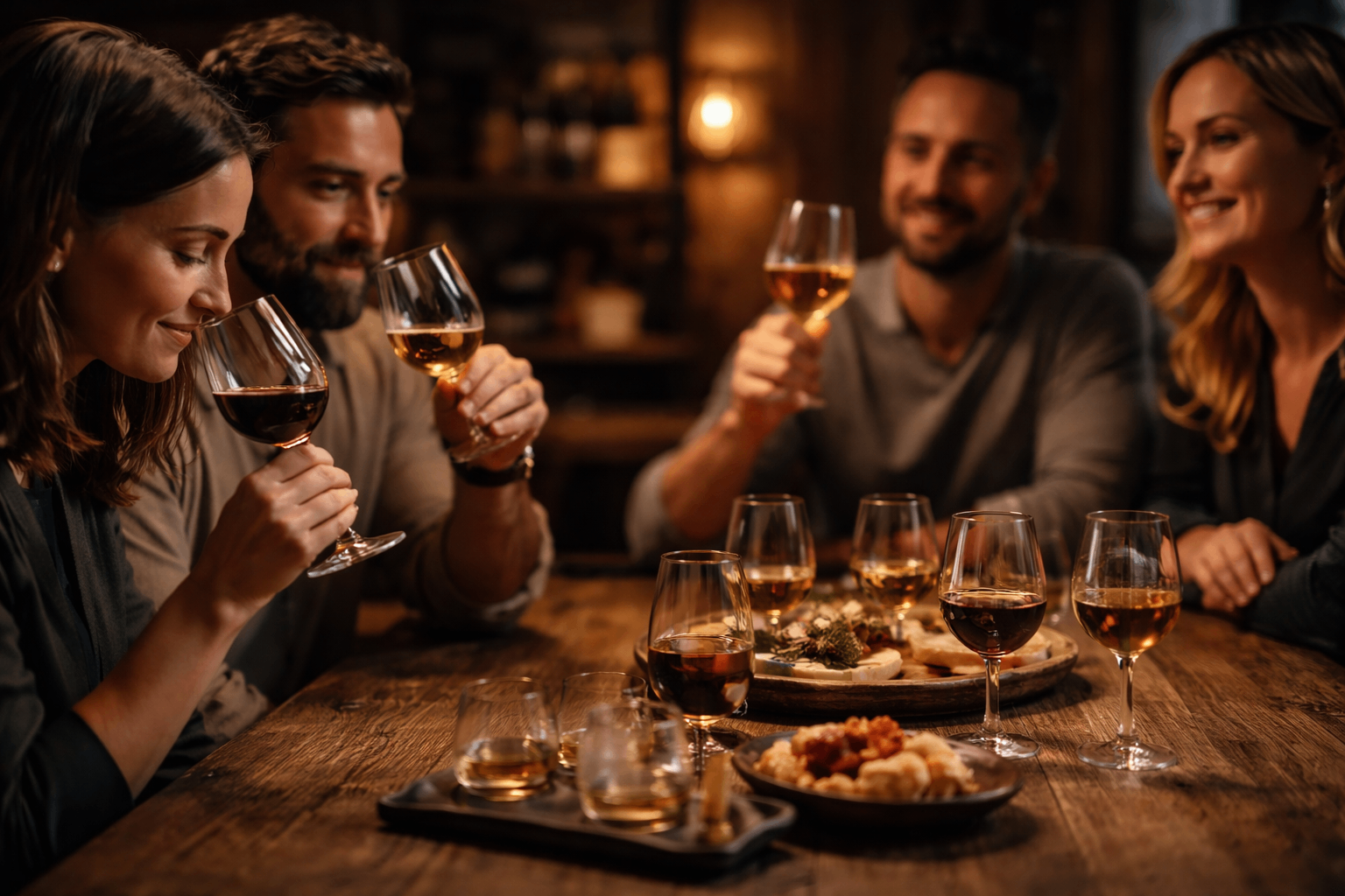 Friends tasting wine around a wooden table in a warm, dimly lit setting